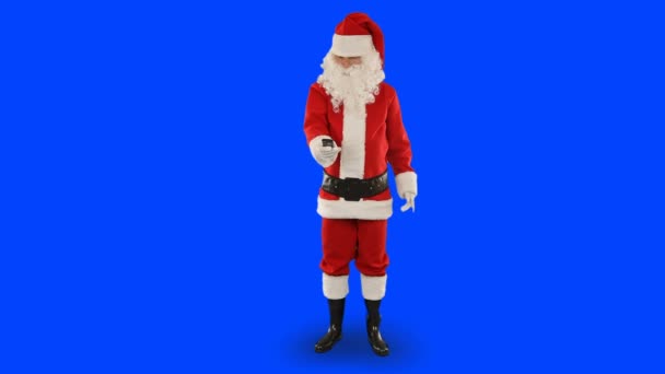 Jultomten Talar Mobilen Sin Moderna Julen Office Blue Screen Chromakey — Stockvideo