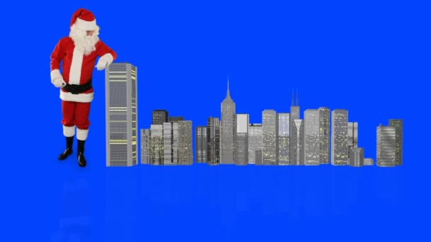 Santa Claus Magicznie Budynku Nowoczesne Miasto Niebieski Ekran Chromakey — Wideo stockowe