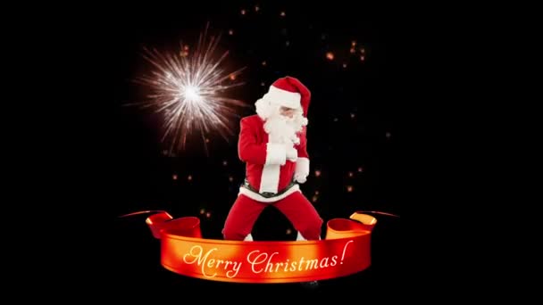 Santa Claus Dance Merry Christmas Ribbon Fireworks Luma Matte — Stock Video