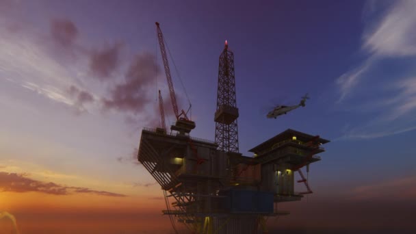 Helicóptero Voando Plataforma Oil Rig Contra Pôr Sol — Vídeo de Stock