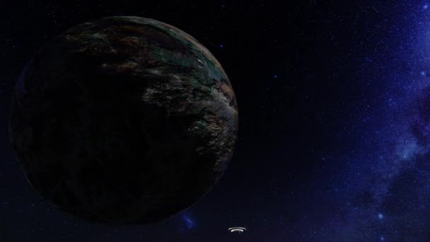 Нло Пришельцев Проходящих Вблизи Странной Планеты Против Звездной Вселенной — стоковое видео