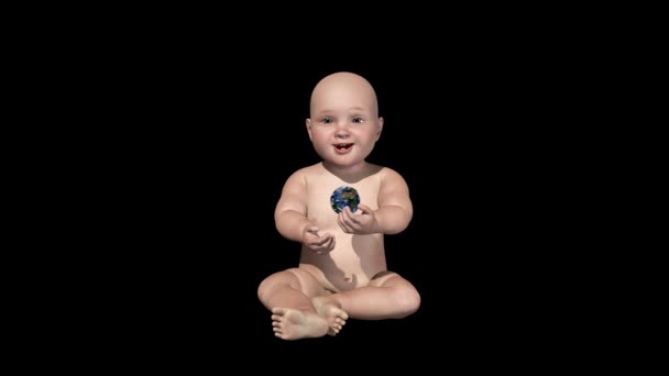 Piękny Baby Holding Obrotowa Planeta Ziemi Kanał Alfa — Wideo stockowe