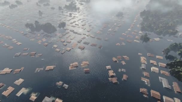 Flug Über Überflutete Häuser Mit Menschen Auf Dächern Und Rettungshubschrauber — Stockvideo