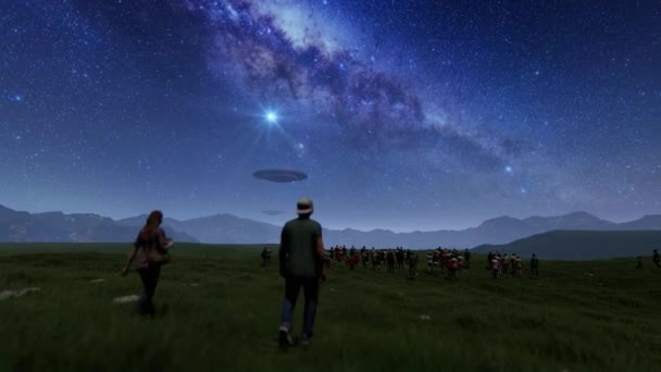 Crowd People Looking Alien Ufo Hovering Mountain Milky Way — Stock Video