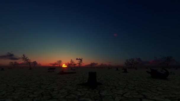 Camera Vliegen Gebarsten Aarde Met Boomstronken Tegen Magische Timelapse Zonsopgang — Stockvideo