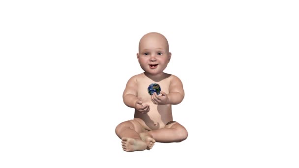 Vacker Baby Holding Revolving Earth Planet Vit Bakgrund — Stockvideo