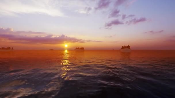 美しい日の出に対する小さなボートで難民 海上を航海する — ストック動画