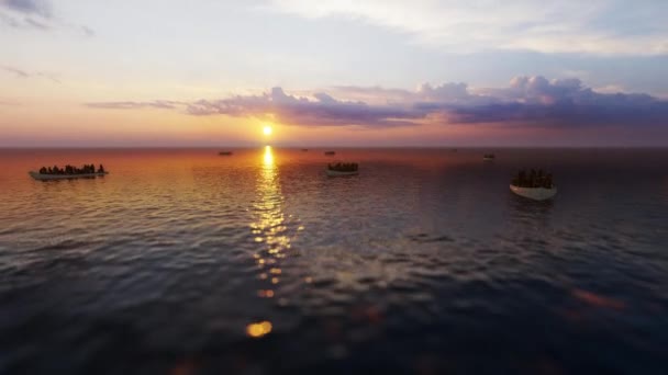 Refugiados Pequeñas Embarcaciones Navegando Sobre Mar Contra Hermoso Amanecer — Vídeo de stock