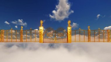 Altın Cennet Kapıları kabarık bulutların üzerinde açılıyor, 4K