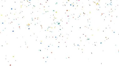 Beyazlara karşı renkli konfetiler düşüyor.