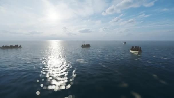 Refugiados Pequeñas Embarcaciones Navegando Sobre Mar Contra Cielo Azul — Vídeo de stock