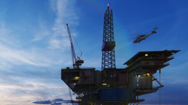 Helicopter Flying Oil Rig Platform Beautiful Sunrise — Stock Video