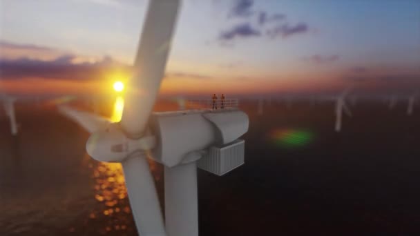 Pracownicy Szczycie Morskiej Turbiny Wiatrowej Przed Zachodem Słońca Niski Dof — Wideo stockowe