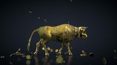 Yürüyen bir boğanın üzerine düşen Bitcoin 'ler Bullrun Crypto pazarını simgeliyor, Luma Matte