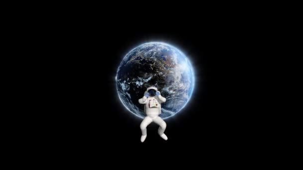 Астронавт Вращается Вокруг Планеты Земля Альфа Канал — стоковое видео