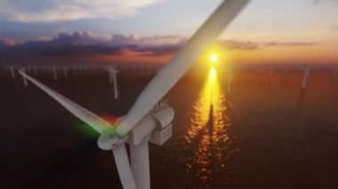 Deniz aşırı bir rüzgar türbininin tepesindeki işçiler gün batımına karşı, düşük dof drone görüntüsü 4K