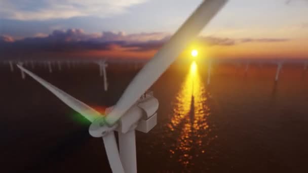 Deniz Aşırı Bir Rüzgar Türbininin Tepesindeki Işçiler Gün Batımına Karşı — Stok video