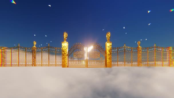 金色的天堂之门 明亮的天使和在云端飞翔的鸽子 — 图库视频影像