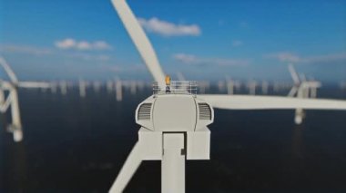 Denizaşırı rüzgar türbininin tepesindeki işçiler, düşük dof drone görüntüsü 4K