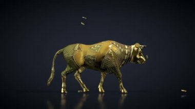 Yürüyen bir boğanın üzerine düşen Bitcoin 'ler Bullrun Kripto Pazarı' nı sembolize ediyor.