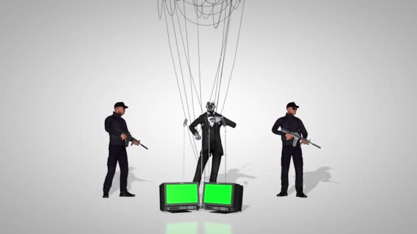 Політик Клоуна Струнах Охороняється Збройними Силами Виконує Промову Зеленим Екраном — стокове відео
