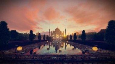 Dolunaya karşı Tac Mahal 'in önünde süzülen mumlar, Gün Doğumu Bulutları