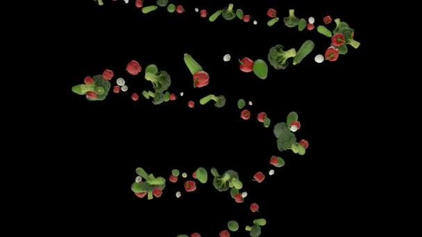 Овощи Летящие Спиральной Форме Бесшовный Цикл Альфа Канал — стоковое видео