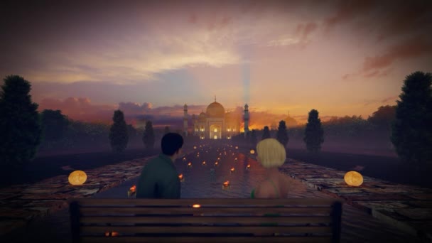 Piękna Para Świece Pływające Przed Taj Mahal Przed Magicznym Wschodem — Wideo stockowe
