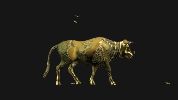 比特币掉落在一头行走的公牛上 象征着牛群密码市场 阿尔法通道 — 图库视频影像