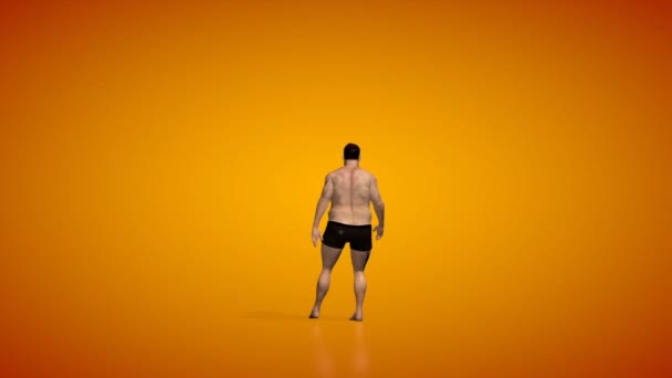太った男が筋肉に変身 カメラがシームレスなループを回転 オレンジのスタジオ — ストック動画