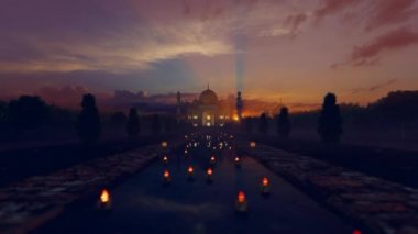 Sihirli Gündoğumuna karşı Tac Mahal 'in önünde uçan mumlar, Cam Fly