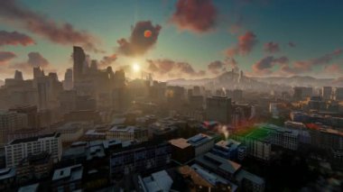 Şehir silueti ve sıradağları üzerinde gün doğumu zamanı, 4K