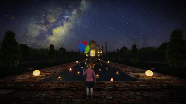 Dívka Barevnými Balónky Svíčky Plovoucí Před Taj Mahal Proti Hvězdné — Stock video