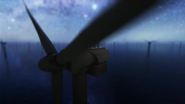星空に対する洋上風力タービンの上の労働者 4Kの低Dof — ストック動画
