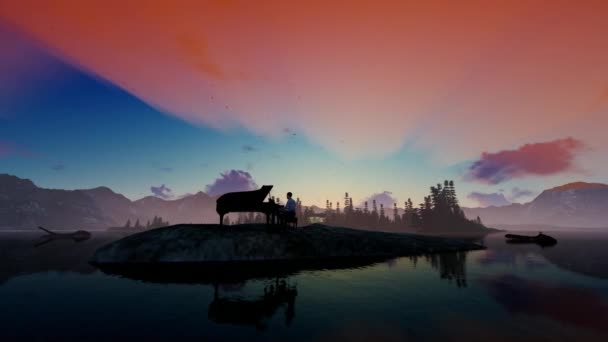 Piano Performing Isolated Island Surrounded Water Mountains Beautiful Sunrise — 图库视频影像