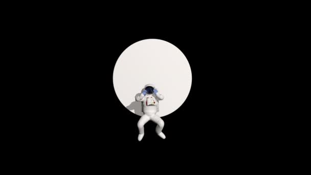 宇宙飛行士はテキスト アルファチャンネルのためのスペースを持つ空白の丸板の周りを回転する — ストック動画