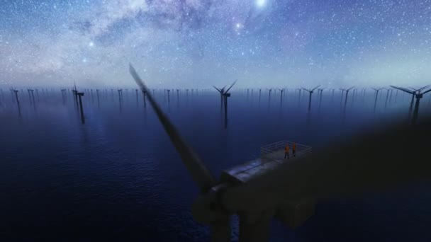 Lavoratori Cima Alle Turbine Eoliche Offshore Contro Cielo Stellato — Video Stock