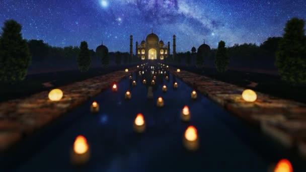 Kerzen Schweben Vor Dem Taj Mahal Gegen Den Sternenhimmel — Stockvideo