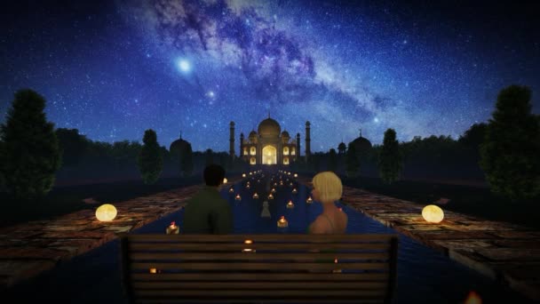 Krásný Pár Svíčky Plovoucí Před Taj Mahal Proti Hvězdné Obloze — Stock video