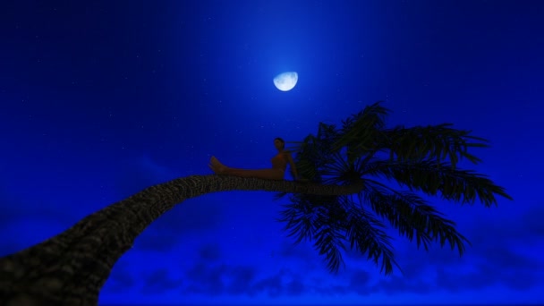 若い女性は星空の満月に対してヤシの木の上に座って 昼にタイムラプスの夜 — ストック動画