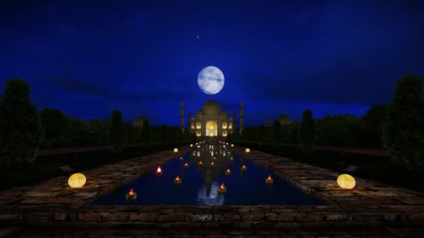 Свечи Плавающие Перед Тадж Махалом Фоне Полной Луны Звездного Неба — стоковое видео