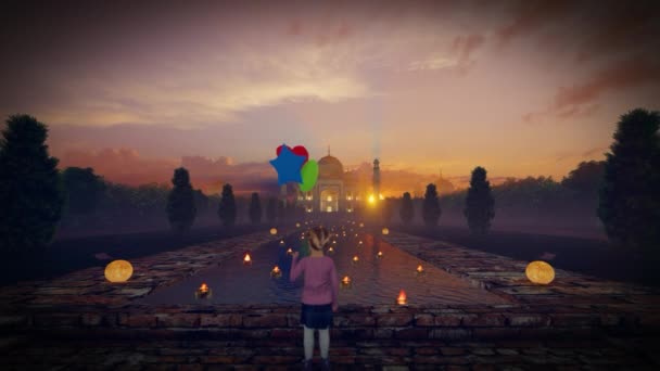 Dziewczyna Kolorowe Balony Świece Pływające Przed Taj Mahal Przed Magicznym — Wideo stockowe