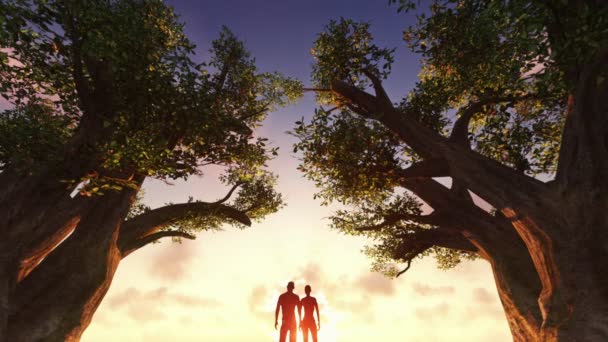 Пара спостерігає за схід сонця між деревами, часові хмари — стокове відео