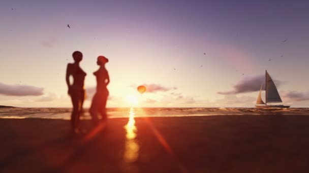 Zonsondergang zomer scène, meisjes op het strand, de luchtballon en de jacht zeilen — Stockvideo