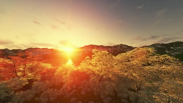 Pôr do sol paisagem de primavera, montanha e lago, inclinação da câmera — Vídeo de Stock