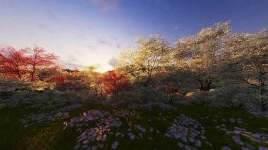 Bahar orman, dağ ve göl, gündoğumu, kamera tilt