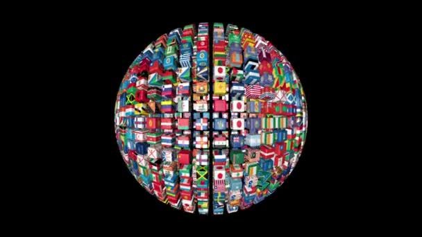 Banderas del mundo esfera giratoria, negro — Vídeos de Stock