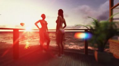 Kızlar sohbet Teras, deniz manzarası ile hava balonu ve yat yelken