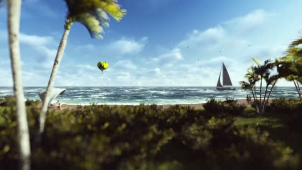 夏の時間、ビーチ、気球やセーリング ヨットの人々 — ストック動画