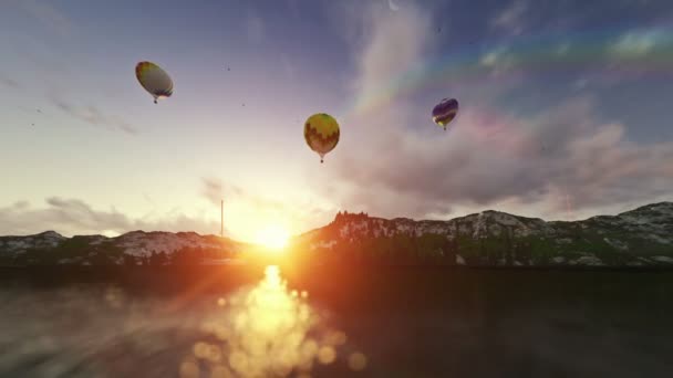 Αέρα μπαλόνια στο ηλιοβασίλεμα, όμορφη λίμνη αντανάκλαση — Αρχείο Βίντεο